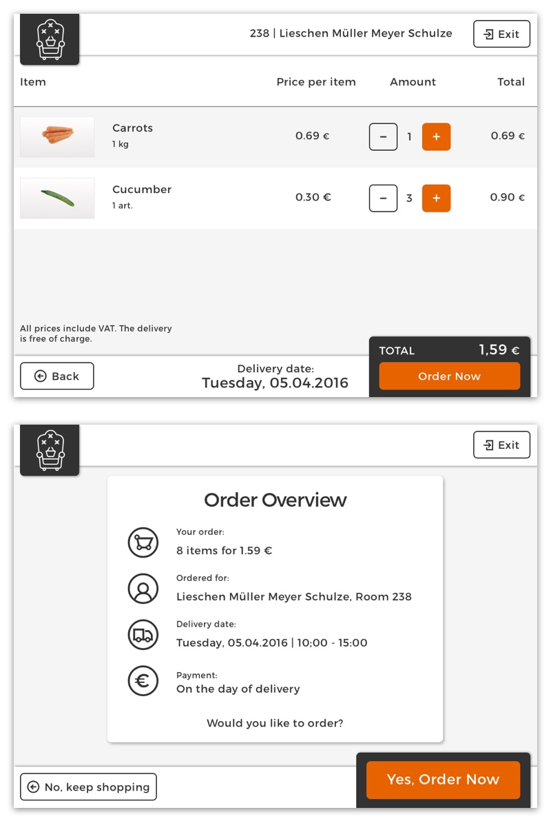 A screenshot of the shopping cart and the Order overview of Elder