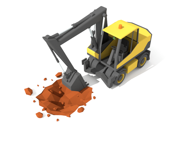 A 360 degree rotation looping GIF image of 3 dimensional model of an excavator