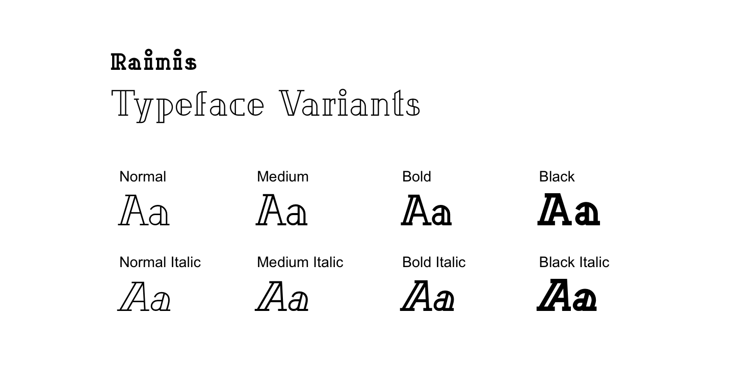 A detailed preview of the Rainis Typeface Family